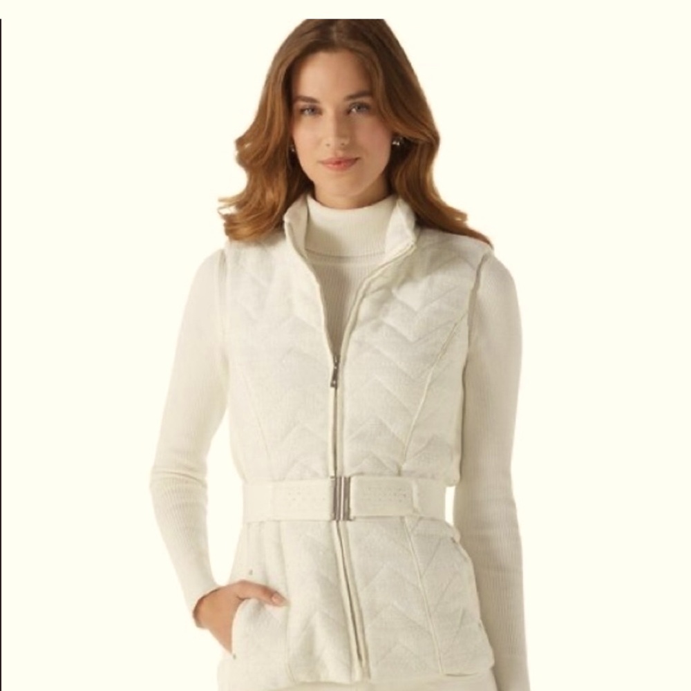 White House Black Market Women’s Vest White Zip Belt Sparkle - Sz Large